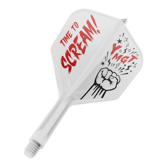Système d'arbre de vol K-Flex Scream No6 de Target Japan Das Bild zeigt eine Dartflügel- und Schaftkombination in Weiß mit roter und schwarzer Beschriftung. Auf dem Flügel steht "TIME TO SCREAM!" zusammen mit einer gezeichneten Faust und einigen Sternen.