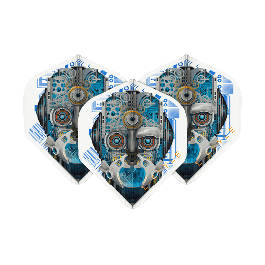 Das Bild zeigt drei Dartflights mit einem futuristischen Roboter-Design in Blau- und Grautönen. Die Flights sind von der Marke L-Style und heißen "Berry Van Peer V3 Clear White L1EZ".