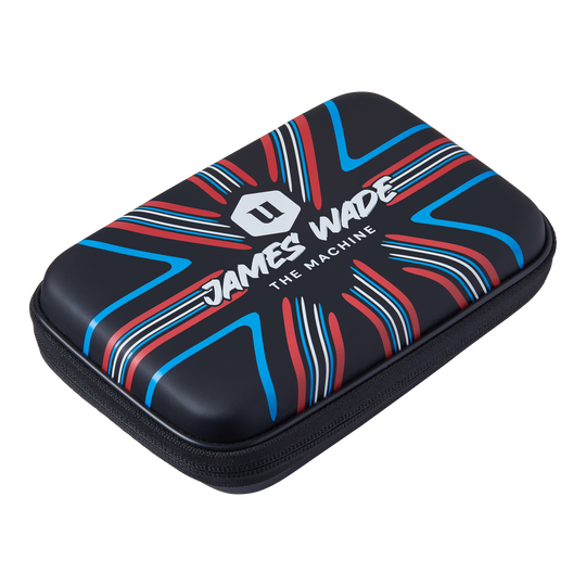 Portefeuille de fléchettes Unicorn Ultra James Wade Das Bild zeigt ein Dartwallet mit dem Aufdruck "James Wade The Machine". Das Etui ist schwarz mit roten, blauen und weißen Designelementen.
