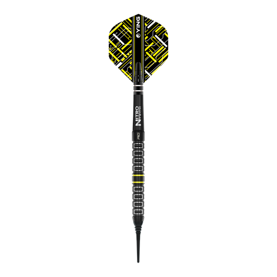Fléchettes souples parallèles Red Dragon Astraeus Q4X - 20 g Das Bild zeigt einen Red Dragon Astraeus Q4X Parallel Softdart mit einem Gewicht von 20g. Der Dart hat schwarze und gelbe Designelemente und eine strukturierte Griffzone.