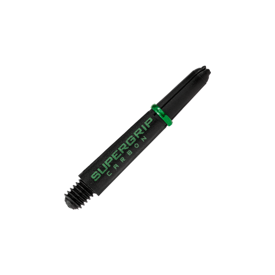 HR360_Harrows_Supergrip_Carbon_Shafts_Gr-n_33mm_2 Harrows Supergrip Carbon Shafts - Green werden dargestellt. Der Fokus liegt auf den Dartschäften selbst.