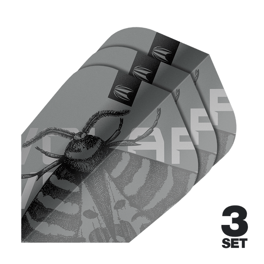 Das Bild zeigt drei Sätze Target Pro Ultra Volar Ten-X Flights in grau mit einem stilisierten Insekten-Design. In der Ecke steht "3 Set" in schwarzer Schrift.