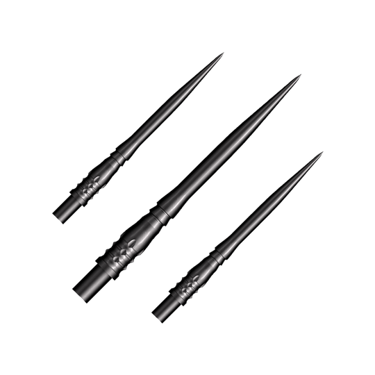 Das Bild zeigt drei schwarze Steeldart-Spitzen des Modells "Shot Cone Rocket" mit einer Länge von 35 mm. Die Spitzen sind schlank, spitz zulaufend und haben ein filigranes Design.