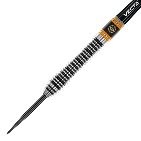 Winmau Danny Noppert Signature Edition 2 fléchettes en acier Das Bild zeigt einen Winmau Danny Noppert Signature Edition 2 Steeldart. Der Dart hat ein silbernes und schwarzes Rillendesign mit orangenen Akzenten.