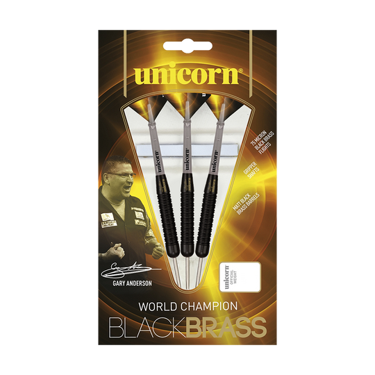 27661_Unicorn_Black_Brass_Gary_Anderson_V1_Steeldarts_3 Auf dem Bild ist eine Verpackung der "Unicorn Black Brass Gary Anderson V1 Steeldarts" zu sehen. Die Packung zeigt drei schwarze Darts sowie ein Bild von Gary Anderson und hebt die Eigenschaften der Darts hervor.