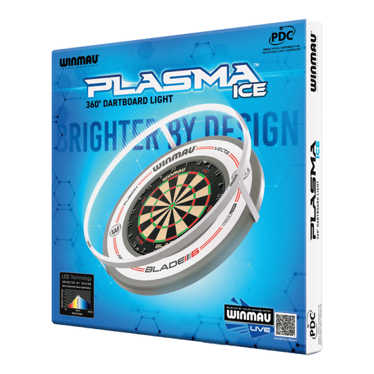 Lampe de fléchettes à LED Winmau Plasma Ice Die Abbildung zeigt die Verpackung des "Winmau Plasma Ice LED Dartboard Light". Das Produkt bietet eine 360° Beleuchtung für Dartboards.