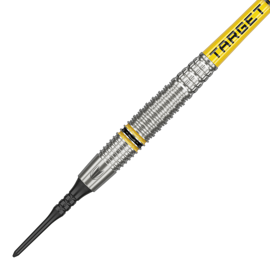 Fléchettes souples Target Scott Williams GEN2 - 18 g Das Bild zeigt einen Target Scott Williams GEN2 Softdart mit einem Gewicht von 18 Gramm. Der Dart hat silberne Rillen und gelbe Akzente sowie die Aufschrift "TARGET" auf dem Schaft.
