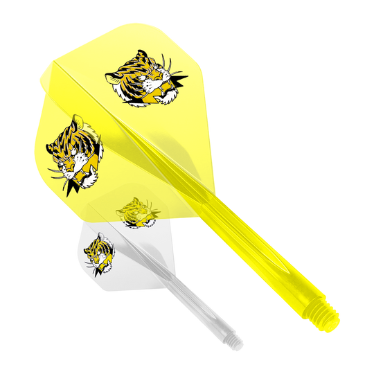 Condor AX Inazuma Tiger Mix Flight System Jaune Clair - Standard Das Bild zeigt zwei Dart-Flights des Modells "Condor AXE Inazuma Tiger Mix Flight-System" in Gelb und Transparent. Beide Flights sind mit einem Tigerkopf-Motiv bedruckt.