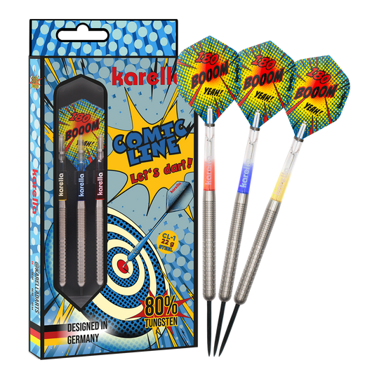 Das Bild zeigt den Karella Comic Line CL-1 Steeldarts - 22g. Es veranschaulicht die vollständige Ansicht des Steeldartpfeils.