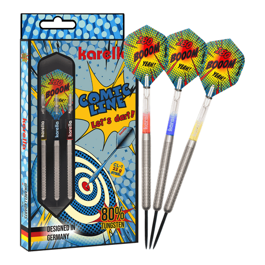 Fléchettes en acier Karella Comic Line CL-1 - 22 g Das Bild zeigt den Karella Comic Line CL-1 Steeldarts - 22g. Es veranschaulicht die vollständige Ansicht des Steeldartpfeils.