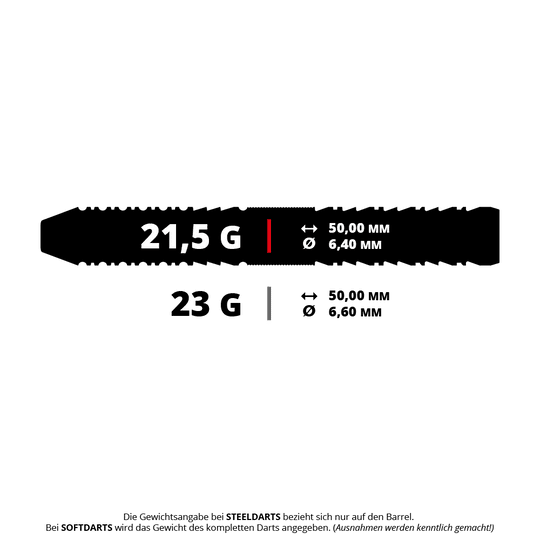 Das Bild zeigt zwei verschiedene Gewichtsoptionen für Steeldarts: 21,5 g und 23 g. Beide Varianten haben eine Länge von 50,00 mm, unterscheiden sich jedoch im Durchmesser (6,40 mm und 6,60 mm).