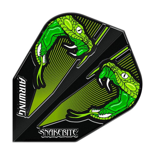 Vols Red Dragon Airwing Peter Wright Green V-Standard Das Bild zeigt einen Dartflight mit zwei grünen Schlangen auf schwarzem Hintergrund. Die Wörter "AIRWING" und "SNAKEBITE" sind auf dem Flight zu sehen.