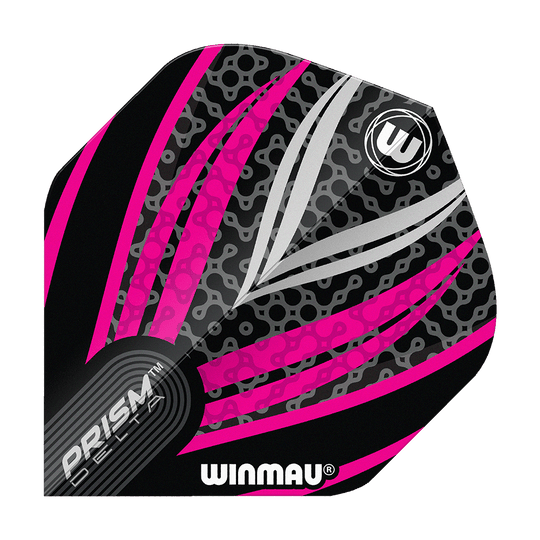 Volets standard Winmau Prism Delta Noir Blanc Rose n° 2 Das Bild zeigt ein Winmau Prism Delta Dart Flight in den Farben Schwarz, Weiß und Pink. Das Flight hat ein modernes Muster mit Linien und dem Winmau-Logo darauf.