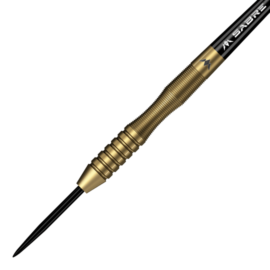 Fléchettes Mission Viktor Tingstrom en acier doré - 22 g Mission Viktor Tingstrom Gold Steeldarts - 22g, das Produkt aus einer anderen Perspektive. Die goldenen Steeldarts sind detailliert abgebildet.