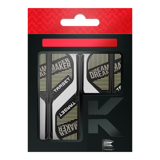 Système d'arbre de vol standard Target K-Flex Dimitri Van Den Bergh No2 Das Bild zeigt eine Verpackung mit Dart-Flights und Schäften der Marke Target. Auf den Flights steht der Text "DREAM MAKER".