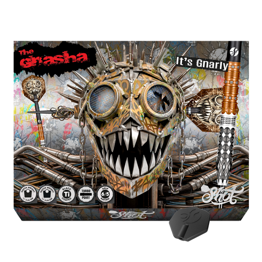 Fléchettes en acier Shot Gnarly Gnasha Turbo Point - 23 g Zu sehen ist ein weiterer Blickwinkel auf die Shot Gnarly Gnasha Turbo Point Steeldarts mit 23g. Die Darts bieten einen guten Halt und eine optimale Balance.