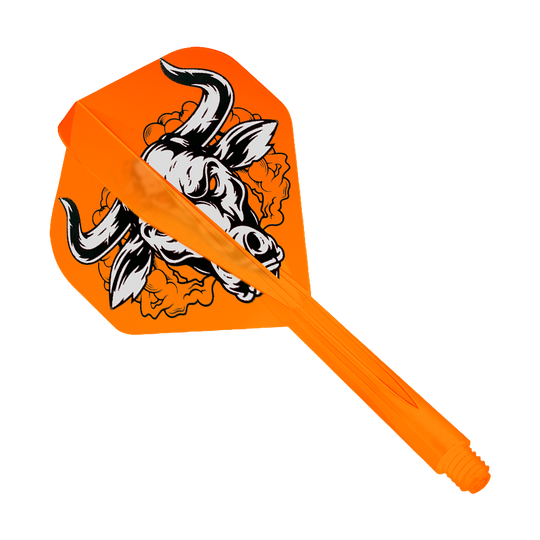 Condor Axe Aussie Bull Orange Système de vol standard Auf dem Bild ist ein orangefarbenes Dartflight-System mit einem auffälligen Bullen-Design zu sehen. Das Produkt heißt "Condor Axe Aussie Bull Orange Flight-System Standard".