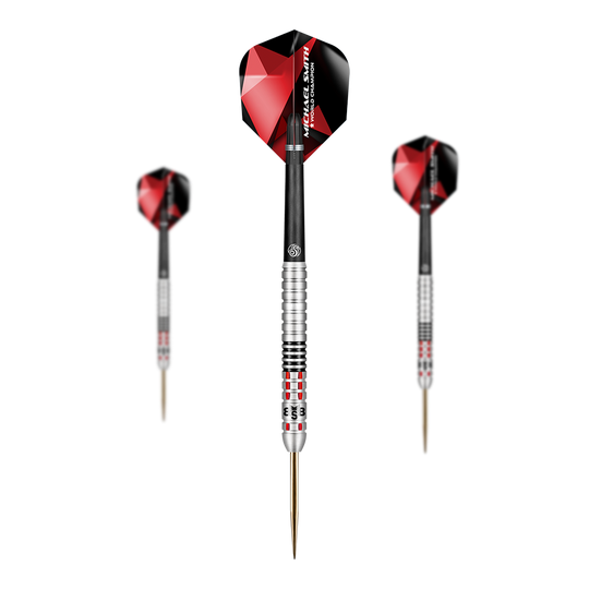 Shot Michael Smith atteint des fléchettes en acier Das Bild zeigt drei Steeldarts mit silbernen Griffen und roten, schwarzen Flights. In der Mitte ist ein Dart in Großaufnahme zu sehen, während rechts und links je ein Dart kleiner abgebildet sind.