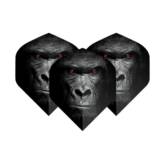 Das Bild zeigt drei Dart-Flights mit dem Gesicht eines Gorillas und leuchtend roten Augen. Die Flights sind das Produkt "Pentathlon Gorilla No2 Standard Flights".