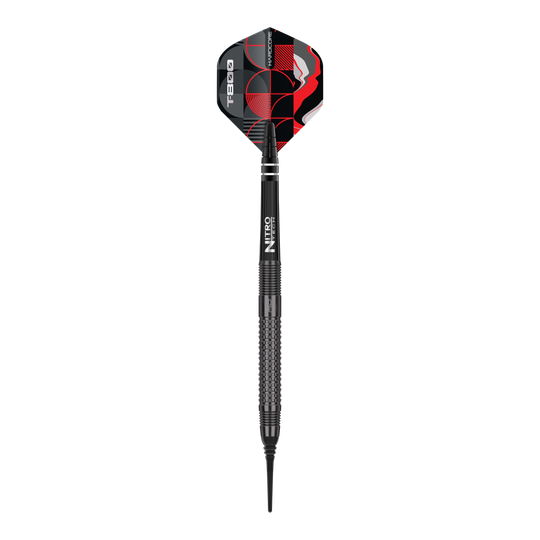 Fléchettes souples Red Dragon T-800 - 20 g Das Bild zeigt einen Red Dragon T-800 Softdart mit einem Gewicht von 20g. Der Dart ist schwarz mit roten und weißen Designelementen auf dem Flight.