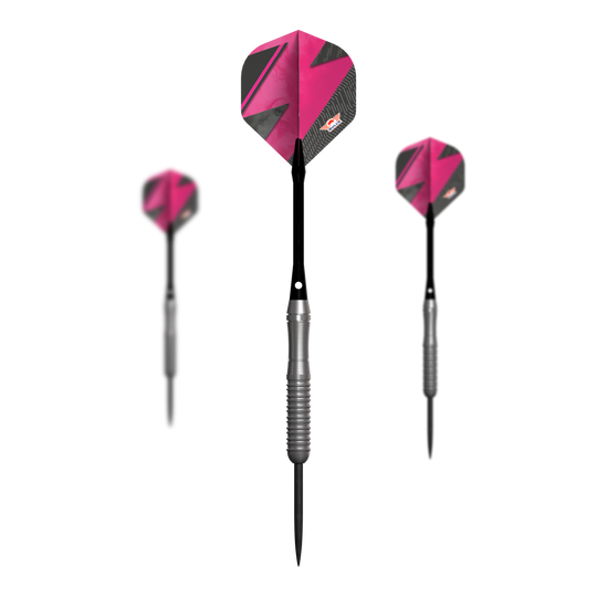 Fléchettes en acier Bulls NL Lightning Pink Das Bild zeigt drei Steeldarts mit silbernem Griff und pink-schwarzen Flights. Es handelt sich um das Produkt "Bulls NL Lightning Pink Steeldarts".