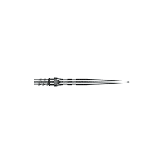 Pointes de fléchettes en acier Winmau Switch Point Groove - Effet argenté Das Bild zeigt silberfarbene Steeldartspitzen mit Rillen, vermutlich 'Switch Point Groove Silver Effect' und 26mm lang. Die Spitzen sind für Steeldarts vorgesehen.
