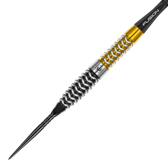 Abgebildet ist ein Winmau Exion Torpedo Switch Point Steeldart. Zu sehen ist der Dartpfeil aus einer anderen Perspektive.