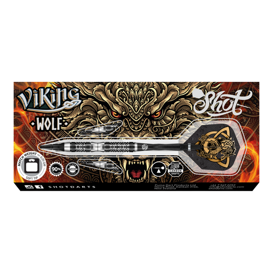 Fléchettes souples Shot Viking Wolf - 20 g Das Bild zeigt das Produkt "Shot Viking Wolf Softdarts - 20g" mit einem dekorativen Wolfdesign im Hintergrund. Die Verpackung hebt die Merkmale des Softdarts hervor, darunter das Gewicht von 20 Gramm und die hochwertige Verarbeitung.