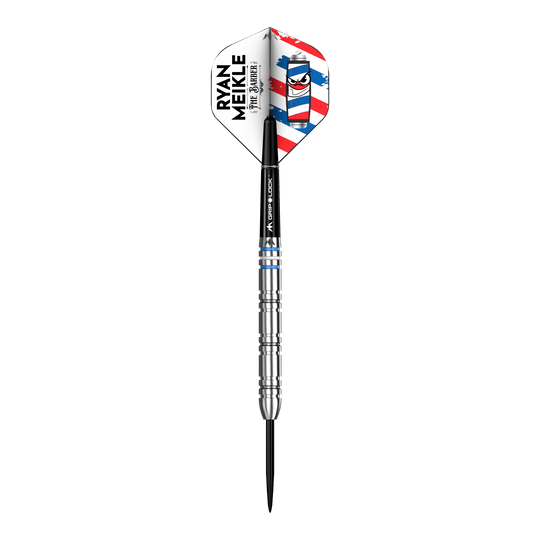 Fléchettes en acier Mission Ryan Meikle The Barber - 23 g Mission Ryan Meikle The Barber Steeldarts - 23g Darts sind abgebildet. Das Bild zeigt das Design und die Details dieses Steeldarts.