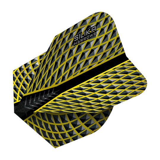 HR86_Harrows_Silika_Yellow_No6_Flights_2 Das Bild zeigt das Produkt „Harrows Silika Yellow No6 Flights“. Die Dart-Flights haben ein gelb-schwarzes Muster mit silbernen Akzenten und dem Aufdruck „Silika Harrows“.