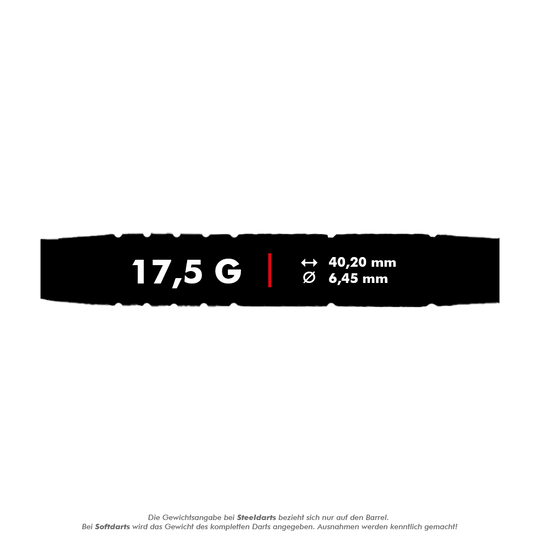 Das Bild zeigt die Produktinformationen der McDart 85er Tungsten V9 Softdarts mit einem Gewicht von 17,5 g. Die Darts haben eine Länge von 40,20 mm und einen Durchmesser von 6,45 mm.