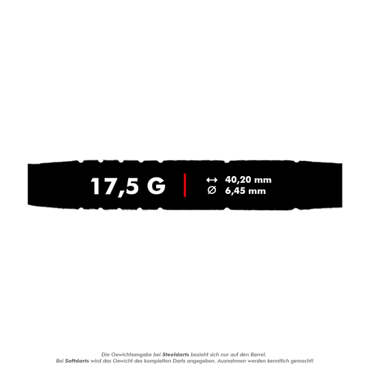 Fléchettes souples McDart 85 Tungstène V9 - 17,5 g Das Bild zeigt die Produktinformationen der McDart 85er Tungsten V9 Softdarts mit einem Gewicht von 17,5 g. Die Darts haben eine Länge von 40,20 mm und einen Durchmesser von 6,45 mm.