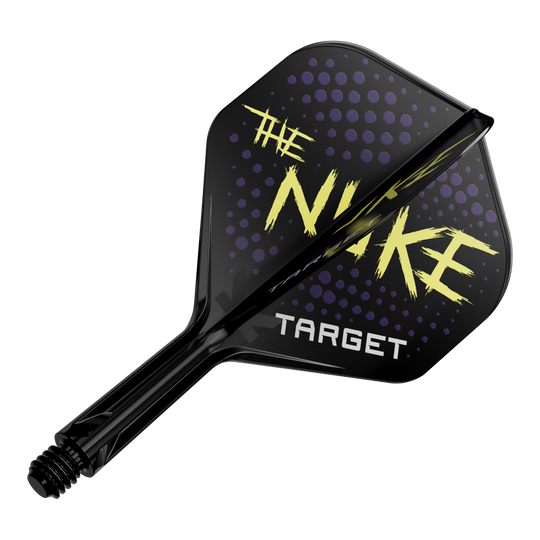 Système de vol standard Target K-Flex Luke Littler Black No2 Auf dem Bild ist ein schwarzes Dart-Flight mit dem Schriftzug "THE NUKE" und "TARGET" zu sehen. Das Design zeigt außerdem lila Punkte im Hintergrund.