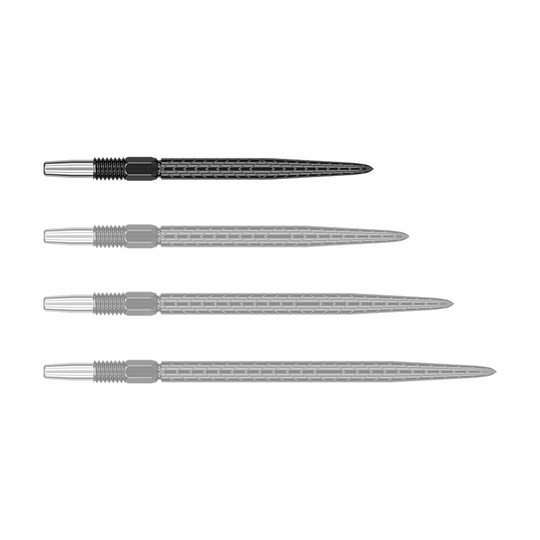 Pointes de fléchettes Target Swiss Point RVE - Noires Auf dem Bild sind vier schwarze Dartspitzen mit silbernem Gewinde zu sehen. Sie liegen nebeneinander in einer horizontalen Reihe.