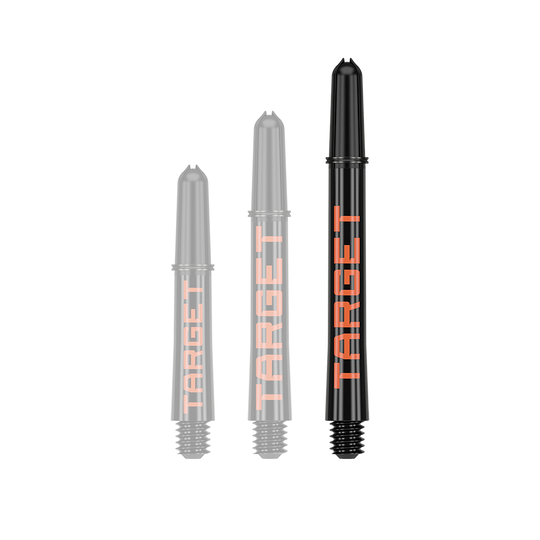 Tiges Target Pro Grip TAG - 3 jeux - Noir Orange Das Bild zeigt drei schwarze Dartschäfte in verschiedenen Längen mit orangefarbener Schrift. Auf jedem Schaft steht das Wort "TARGET".