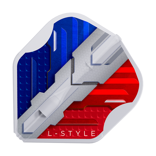 Vols L-Style V-Series V1 Type B France Blanc Transparent L1EZ Das Bild zeigt ein Dartflight mit den Farben der französischen Flagge in Blau, Weiß und Rot. Unten steht der Schriftzug "L-STYLE".