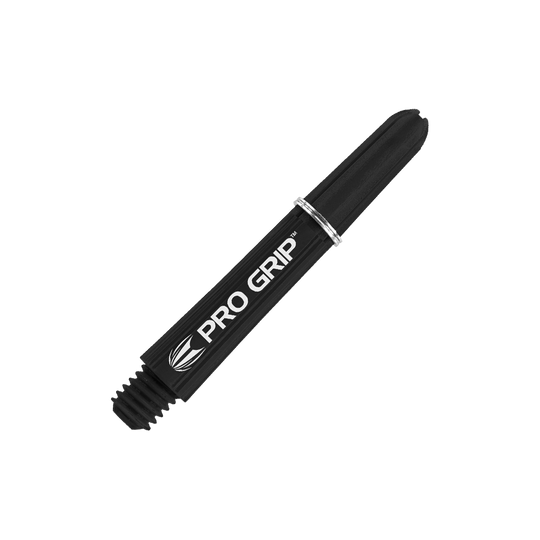 Tiges Target Pro Grip - 3 jeux - Noir Das Bild zeigt einen schwarzen Pro Grip Schaft für Dartpfeile mit weißer Schrift. Der Schaft ist 34 mm lang und hat einen silbernen Ring.