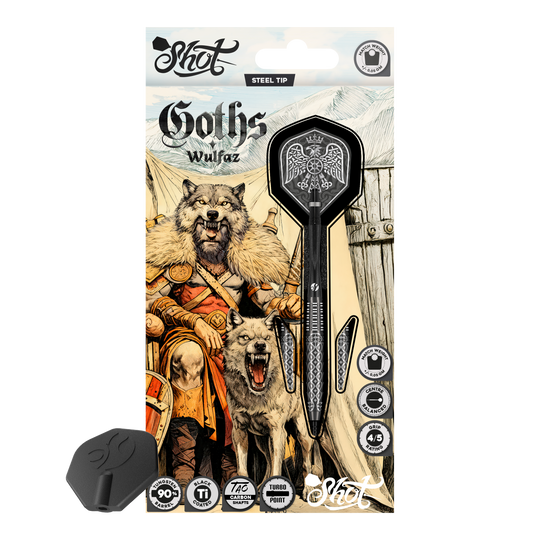 Fléchettes en acier Shot Goths Wulfaz Turbo Point - 23 g Das Bild zeigt die Shot Goths Wulfaz Turbo Point Steeldarts mit 23 Gramm. Diese Pfeile sind für das Steeldartspiel konzipiert.