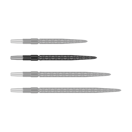 Pointes de fléchettes Target Swiss Diamond Pro Black Points Das Bild zeigt vier schwarze Dartspitzen mit silbernem Gewinde, die nebeneinander liegen. Die Spitzen haben eine rautenförmige Struktur entlang des Schafts.