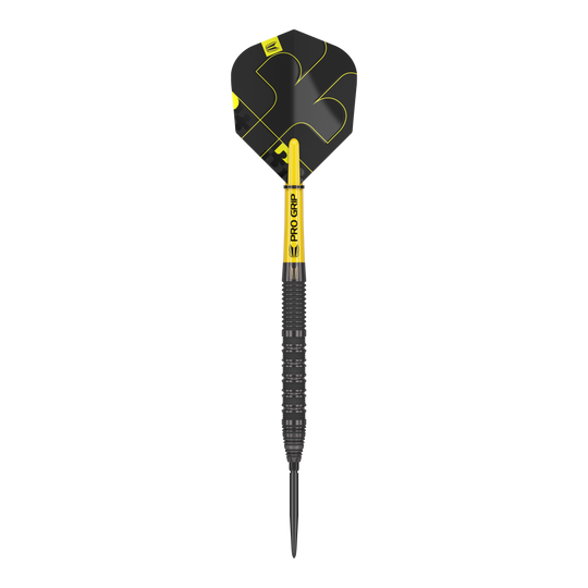 Das Bild zeigt einen Target Bolide Void 01 Swiss Point Steeldart. Der Dartpfeil ist schwarz-gelb und hat eine strukturierte Griffzone.
