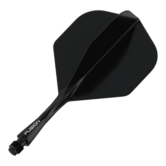 Système d'arbre de vol Winmau Fusion Standard Noir Das Bild zeigt ein schwarzes Dart-Flightsystem mit einem Schaft. Auf dem Schaft steht das Wort "FUSION".
