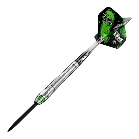 Fléchettes en acier Bulls Max Czerwinski Concombre - 23 g Bulls Max Czerwinski Gurke Steeldarts mit 23 Gramm Gewicht. Die Abbildung präsentiert das Produkt aus einem anderen Blickwinkel.
