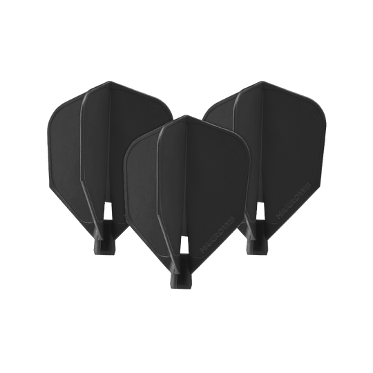 HRC-100_Harrows_Clic_Standard_Flight_Black_1a1zsfdYqd88dl Das Bild zeigt drei schwarze Harrows Clic Standard Flights für Dartpfeile. Sie sind schlicht gestaltet und eignen sich ideal für den professionellen Dartsport.