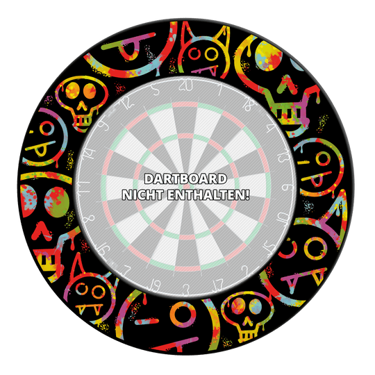 McDart Graffiti Emojis Cible de fléchettes Surround Abgebildet ist ein Dartboard Surround mit bunten Smiley-Graffiti. Diese Umrandung dient dem Schutz beim Darts-Spielen.