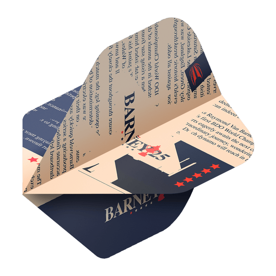 Target ProUltra Raymond Van Barneveld Barney25 Vols Standard Das Bild zeigt einen Target ProUltra Raymond Van Barneveld Barney25 Standard Flight für Darts. Das Design ist in Blau und Beige gehalten und enthält Sterne sowie den Schriftzug "Barney25".