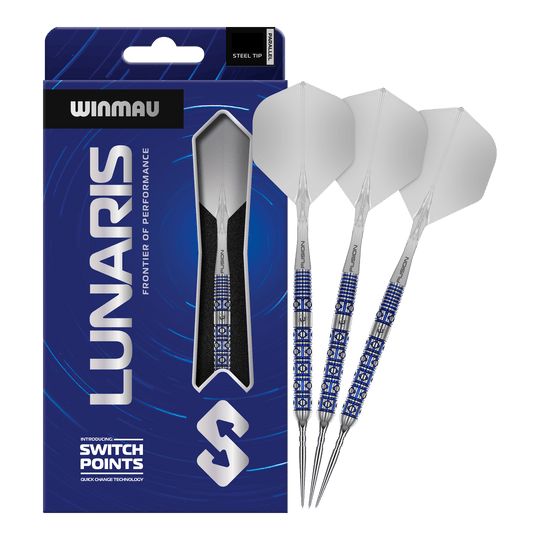 Fléchettes en acier Winmau Lunaris Parallel Switch Point Zu sehen sind die Winmau Lunaris Parallel Switch Point Steeldarts in voller Länge. Das Produkt wird frontal gezeigt.
