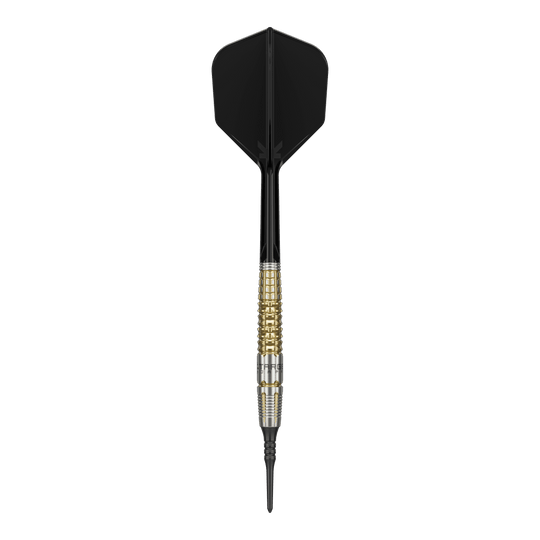 Fléchettes souples Target Japan Black Marque Warrior - 18,5 g Das Bild zeigt einen Target Japan Black Marque Warrior Softdart mit einem Gewicht von 18,5g. Der Dart hat eine schwarze Spitze und Flügel sowie einen gold-silbernen Griffbereich.
