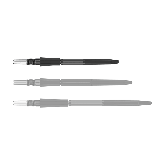 Das Bild zeigt eine einzelne schwarze Dartspitze der Target Elysian Archetype 43 SwissPoint Serie in 30 mm Länge. Die Spitze liegt einzeln auf neutralem Hintergrund.