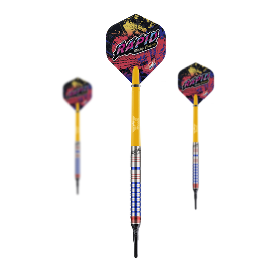 Bulls NL Ricky Evans Rapid Edition One Fléchettes souples - 20 g Das Bild zeigt drei Softdarts der Marke "Bulls NL Ricky Evans Rapid Edition One" mit einem Gewicht von 20g. Die Darts sind gelb mit farbigen Flights, auf denen "Rapid Ricky Evans" steht.