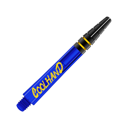Tiges Red Dragon Nitrotech Luke Humphries Coolhand - Bleues Dies ist ein blauer Dart-Schaft mit der gelben Aufschrift "COOLHAND". Am oberen Ende befinden sich zwei schwarze Ringe mit goldenen Akzenten.